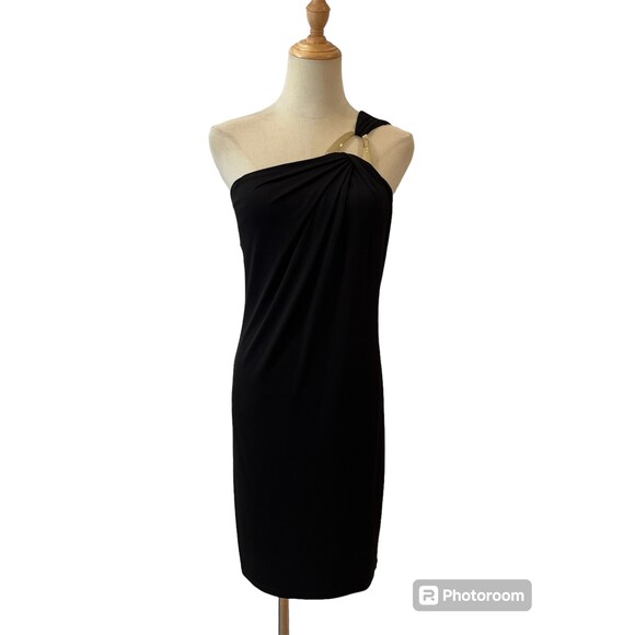 Michael Kors Black One Shoulder Mini Dress Gold XXS Cocktail Night Out - Picture 2 of 8